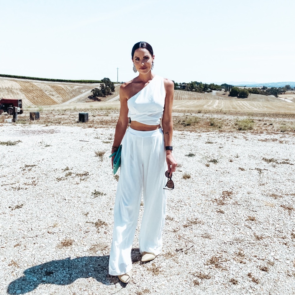White One-Shoulder Top and White BellBottom High Waist Pants Set
